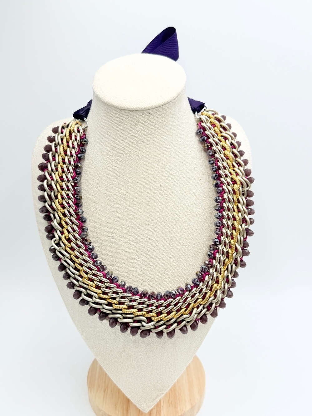 Amrita Singh Handwoven Chain Bib Necklace with Crystal Beads & Ribbon Tie